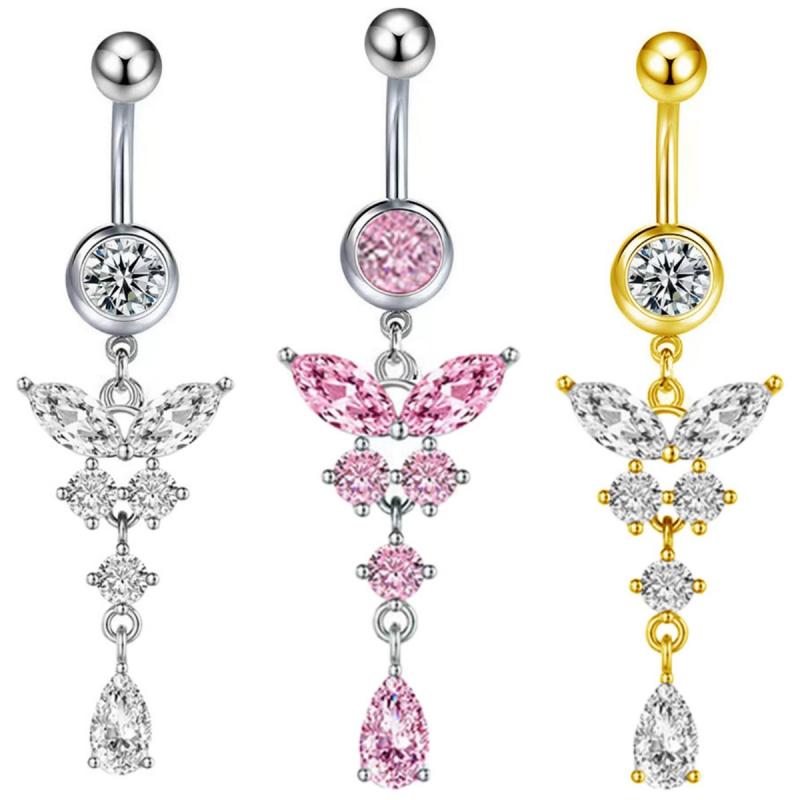 Modische Kristall Bauchnabelringe Edelstahl Langer Anhänger Schmetterling Bauchnabelring Hängend Körper Schmuck Zubehör