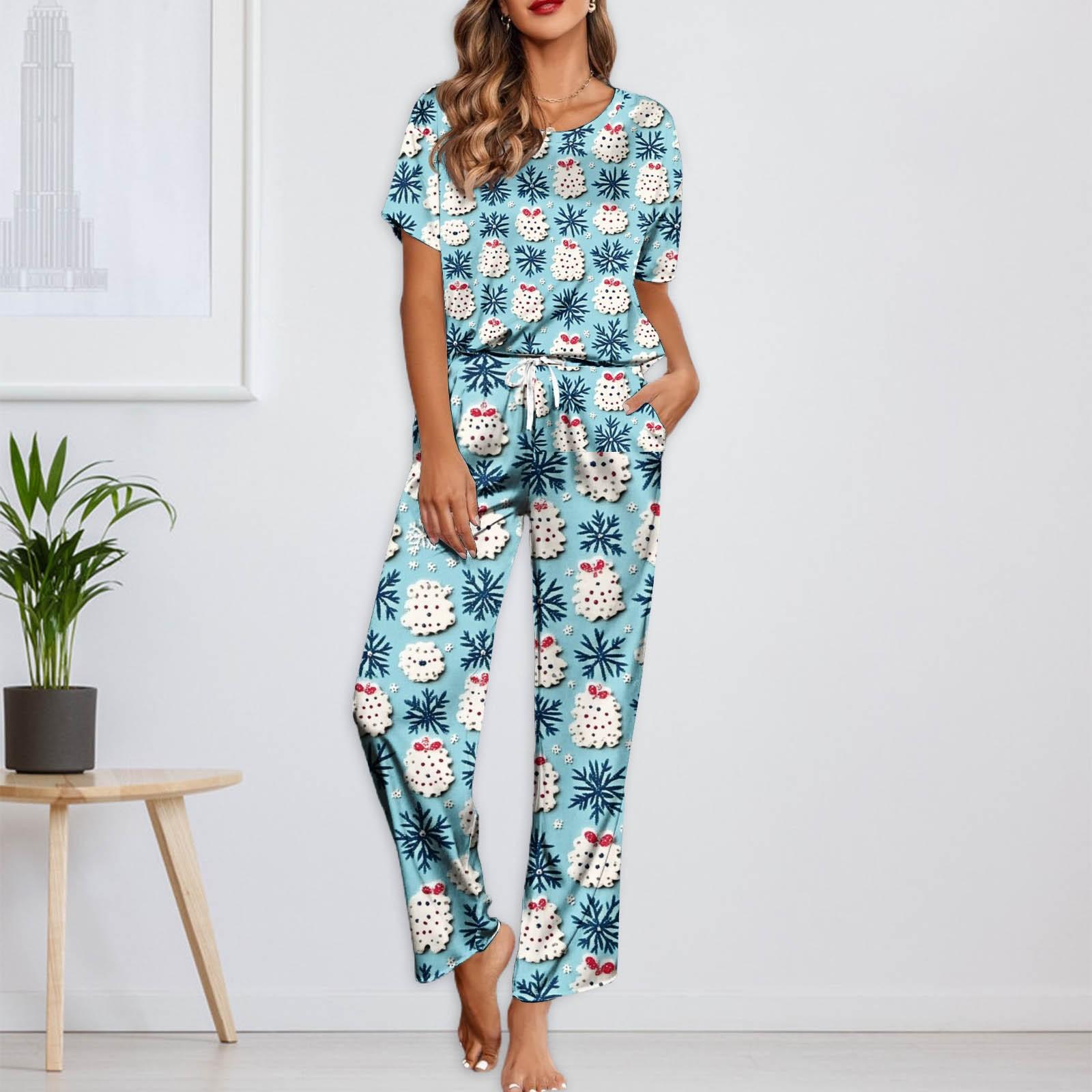 

Жіночий піжамний комплект Ice Silk Satin з різдвяним принтом, сорочка з короткими рукавами та довгі піжамні штани, м’який домашній одяг XL ціан