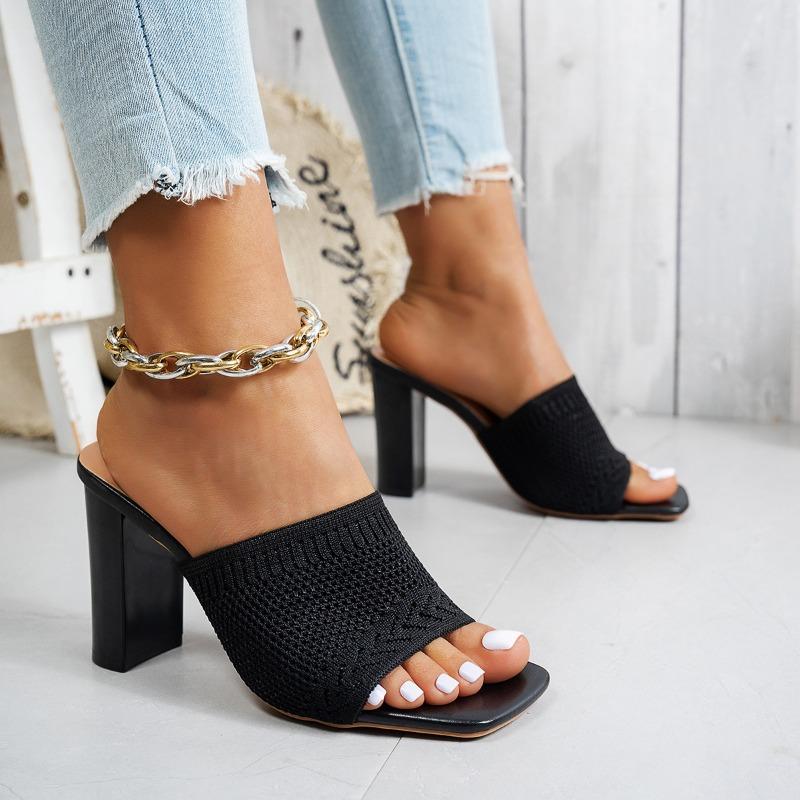 Damen High Heel Pantoffeln Sommer Quadratische Zehenpartie Offene Zehenpartie Hohe Absätze Schuhe Stricknetz Rutschfest Verschleiß Blockabsatz Club Sandalen