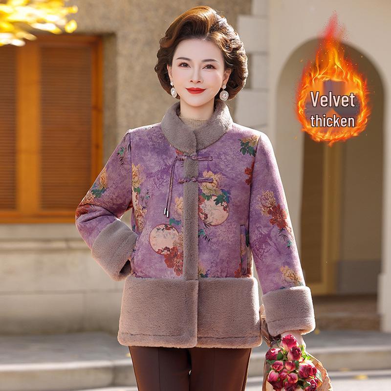 Velvet Plus Ancient Style Print Warm Jacket for Middle-Aged & Elderly Women - Winter Casual Wear