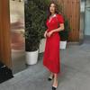 Women Fashion Contrast Single Breasted Knitted Dress Lapel Short Bubble Sleeve Hollow Out Slimming Long Dresses