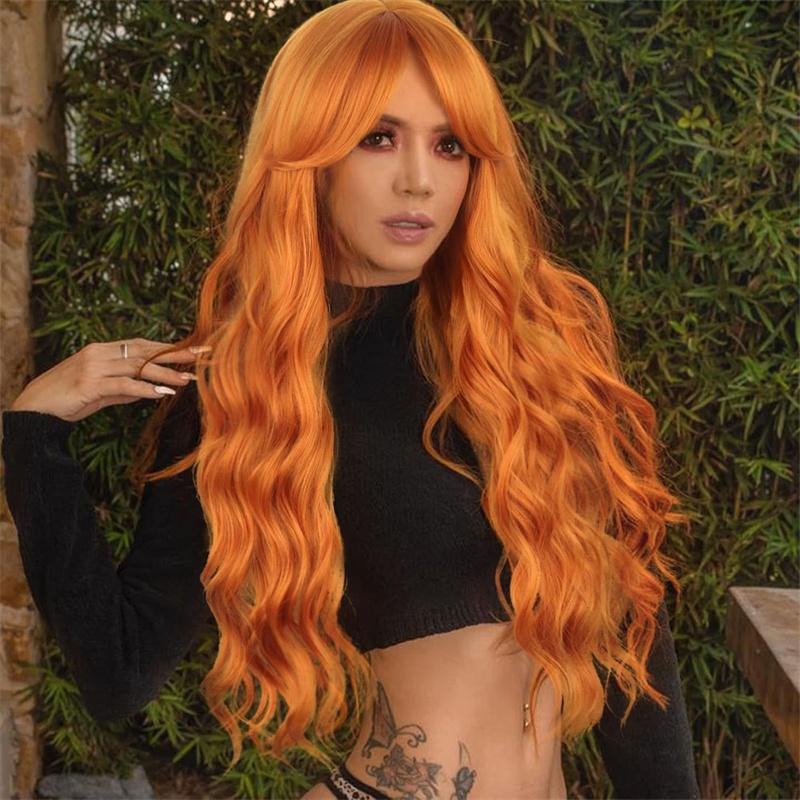 Long Curly Wigs for Women Synthetic Hair Auburn Wig with Thick Bangs Long Curly Wig for White Woman Drag Queen Costume Cosplay