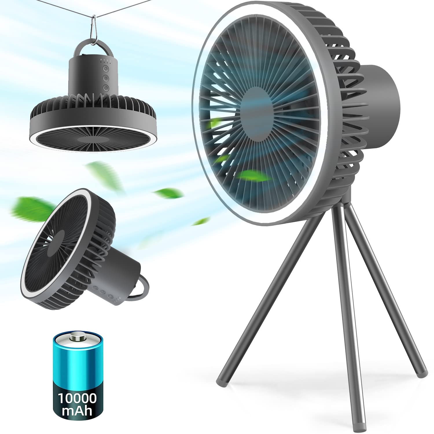 

Rechargeable Outdoor Camping with Off 3 Fan Speed LED Tabletop Quiet Heatstroke 18cm Dark Gray Fan, 3-Legged, Cordless, Timer, Settings, Light, Type-C