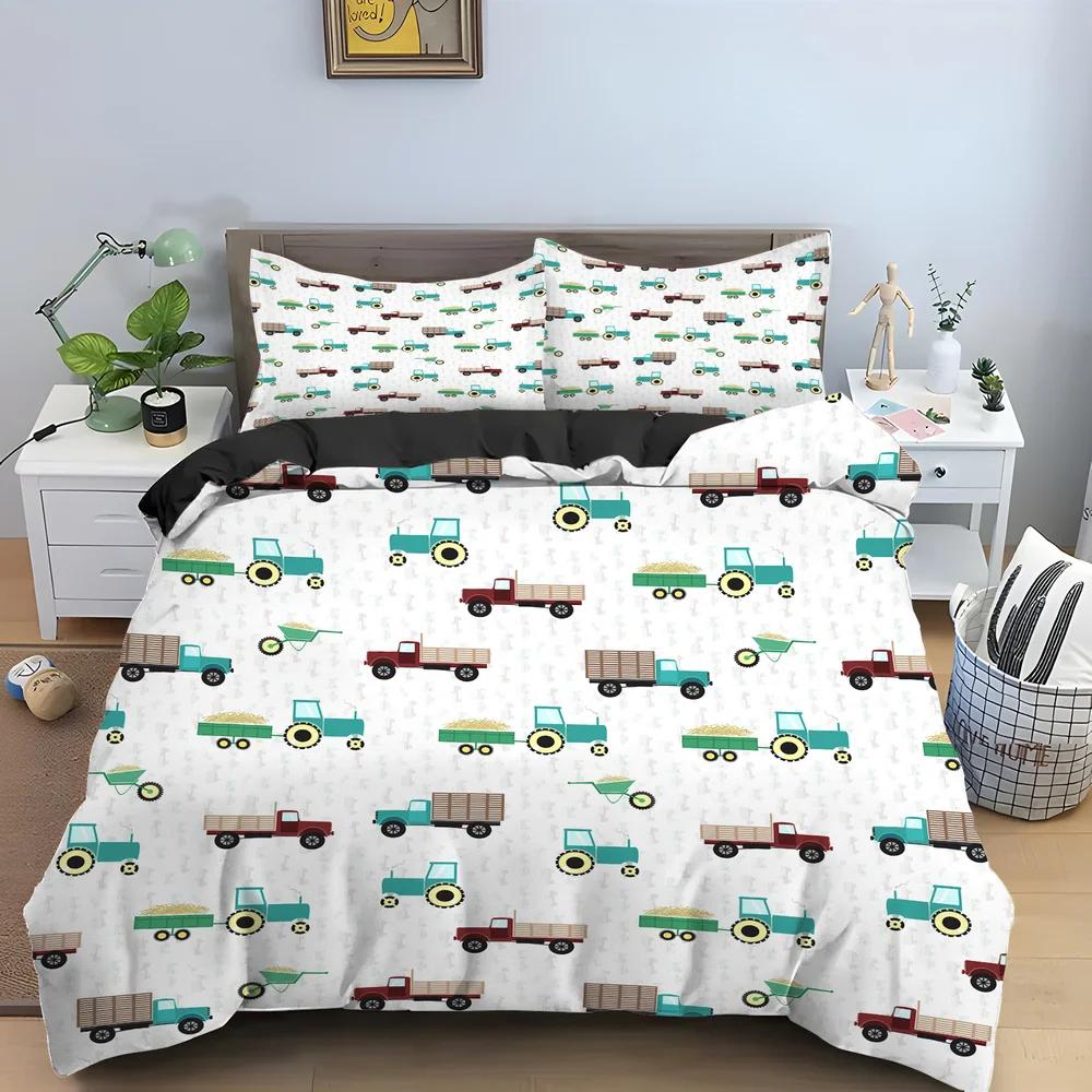 Tractor Truck Duvet Cover For Boys Kids Car Excavating Machinery Farm Vehicle Tool Quilt Cover Polyester For Bedroom Decorations