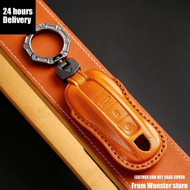 Luxury Leather Car Key Case Cover Key Fob Protective Case Holder for Porsche New Cayenne Panamera 911 992 Taycan Accessories