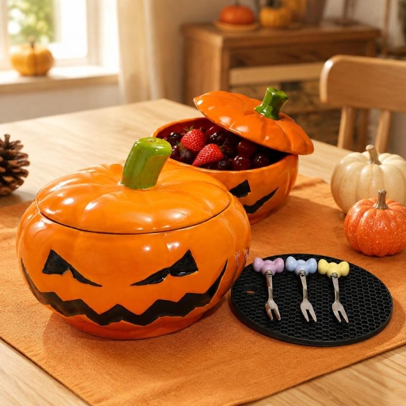 Halloween Berries Draining Bowl with Wash-and-Drain Design, Black Face Accent, and Lidded for Washing Fruits and Vegetables Serving
