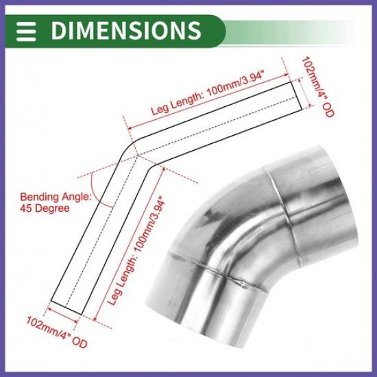45 Degree Mandrel Exhaust Pipe DIY  4" OD 3.94" Leg  Stainless Steel