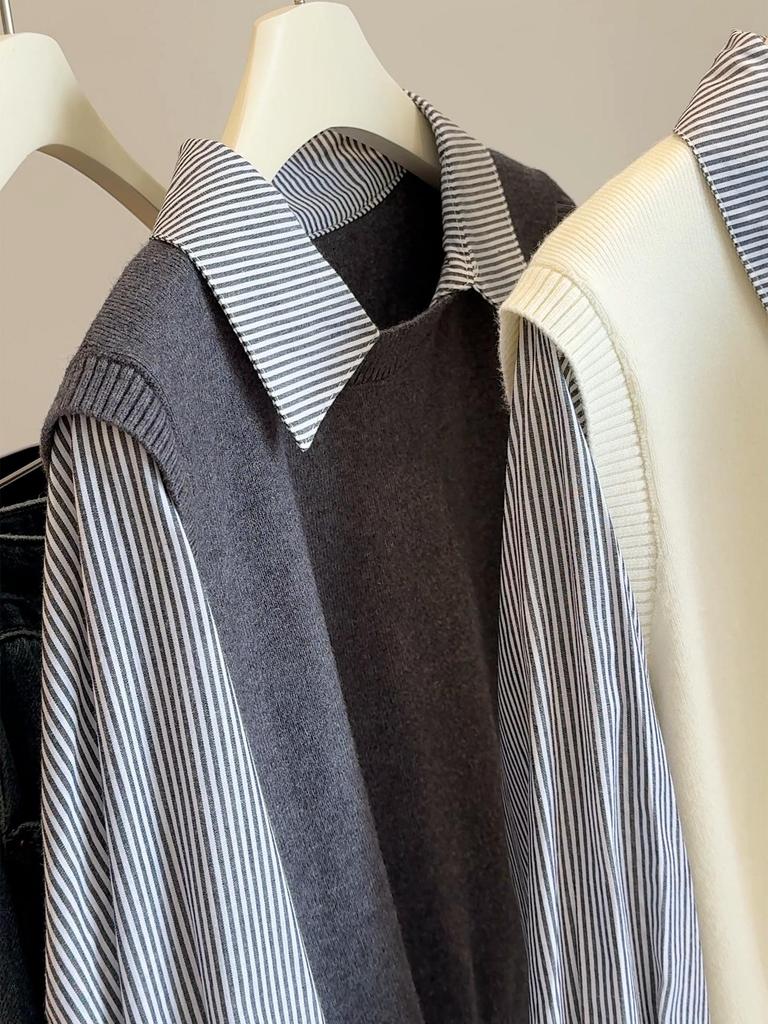 2025 Úzký pruhovaný úpletový top s dlouhým rukávem – Dámský dvoudílný top omlazující vzhled