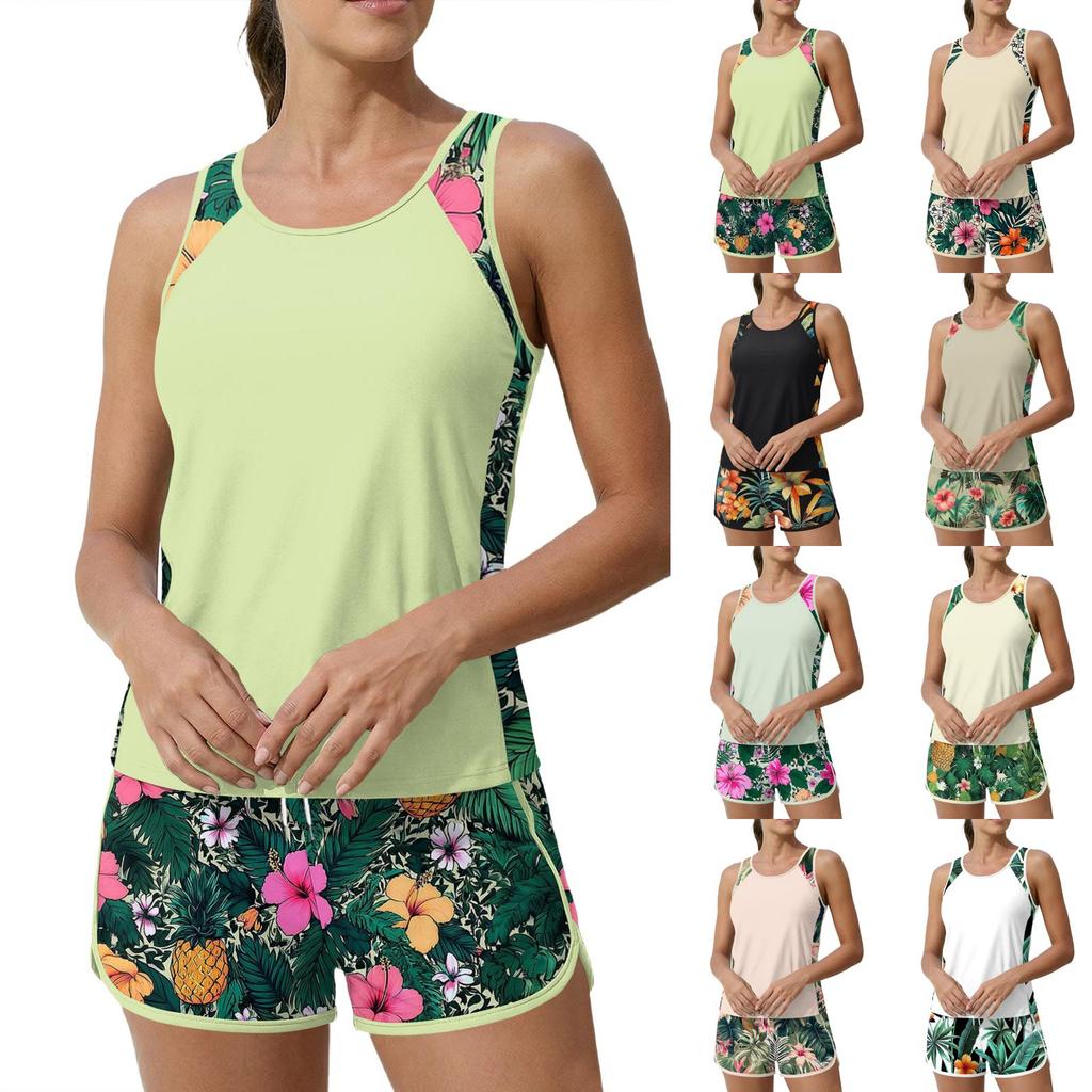 Tankini Swimsuit for Women Plus Size Two Piece Bathing Suit Breathable Athletic Swimwear Tank Top and Shorts Set