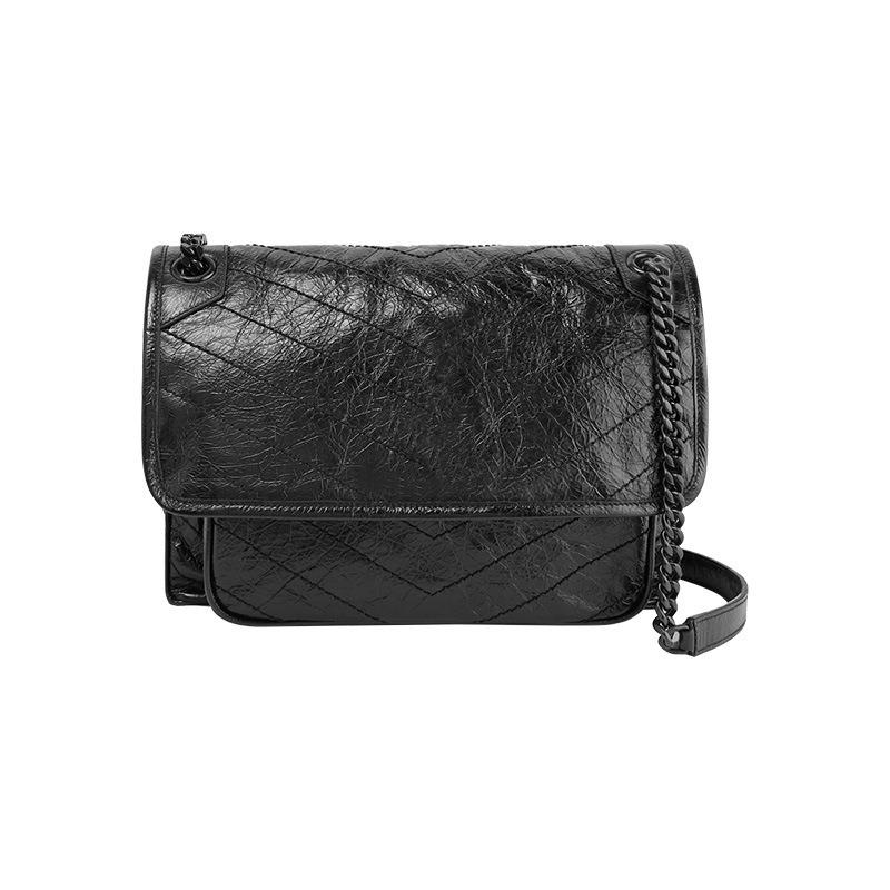 New oil wax cowhide messenger bag retro double chain women's bag poplar forest shoulder crossbody small square bag