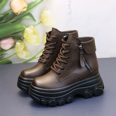 Fashion Autumn Women High Top Leather Shoes Platform Wedge Sneakers Chunky Shoes Hidden Heel 10 CM Brown Black Women Casual Shoes