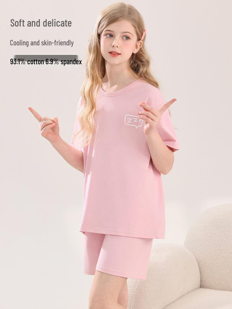 2026 Girls' Lycra Cotton Pajamas: Breathable, Cool Homewear Set for Kids