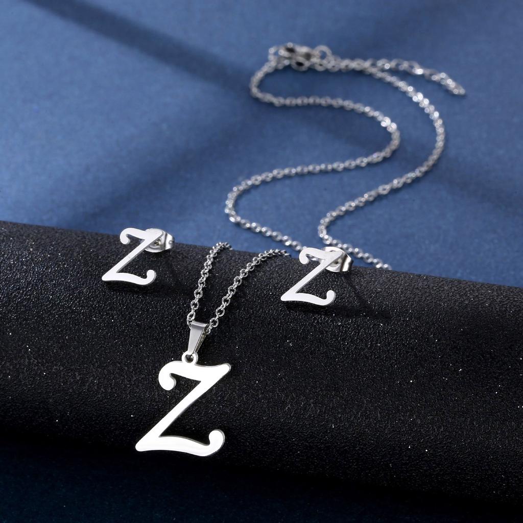 Stainless Steel Letter Pendant Necklace Unisex Jewelry Set Letter Earrings Party Accessory Present for Fashion Lover