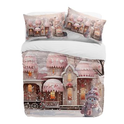 Weihnachten Schneemann Schneeszene Rosa Haus 3-teiliges Bettwäsche-Set für Doppelbett Heimtextil Bettbezug Steppdeckenbezug Kissenbezug