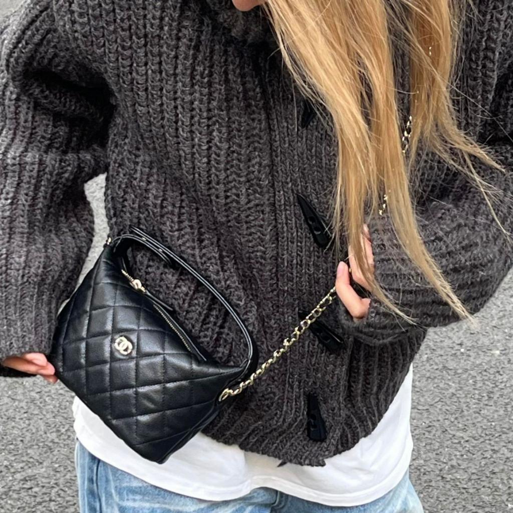 New Lunch Box Bag, Caviar Cowhide Rhombus Chain Bag, Ball Pattern Leather Single Shoulder Crossbody Small Bag for Women