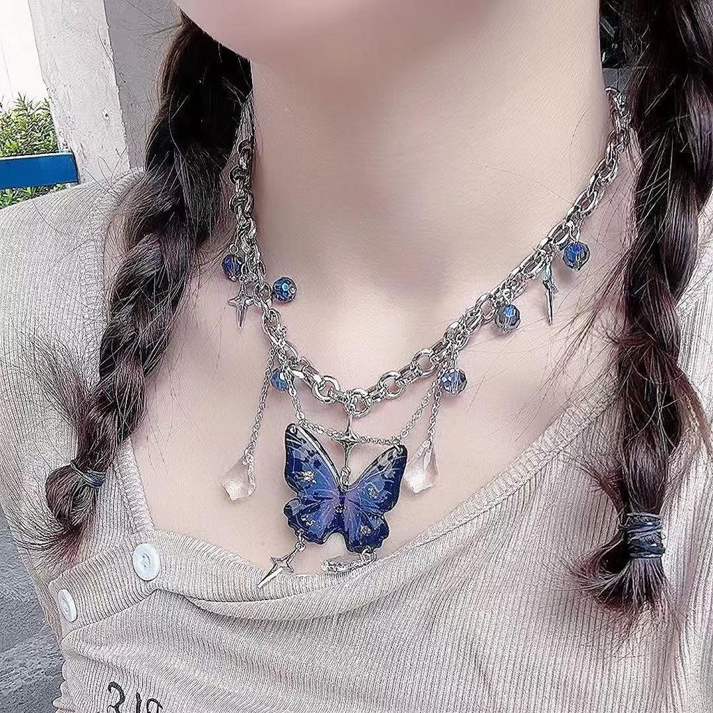 GemChic Women's Exquisite Purple Butterfly Star Fringe Pendant Necklace Clavicle Chain Ladies Retro Choker Birthday Christmas Jewelry Gift