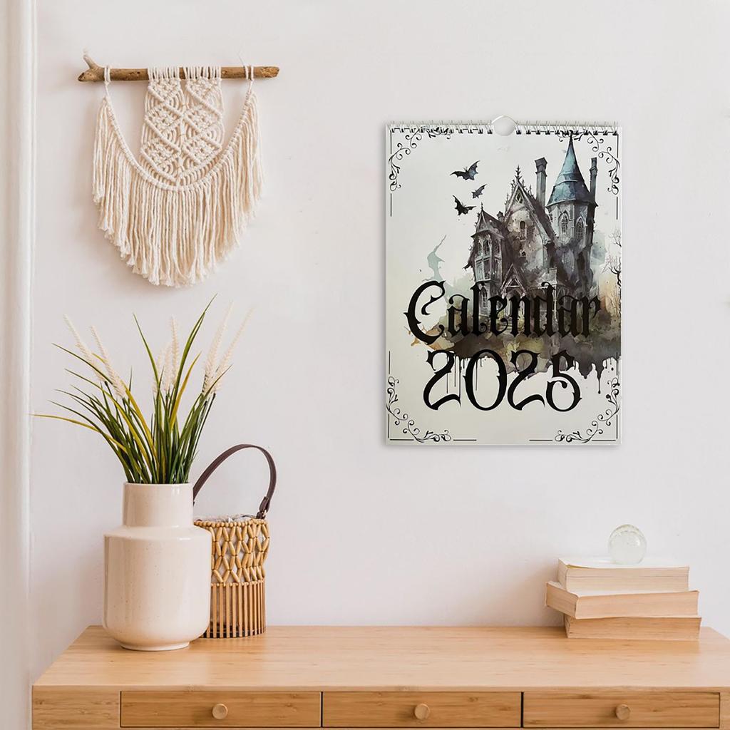 2025 Wandkalender Gothic 2025 Monats-Wandkalender Heimdekorationen Linierte Blöcke Detektivschloss-Kalender für Schreibtisch