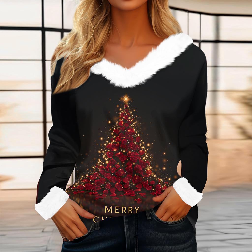 Women's Casual Fashion Long Sleeve Christmas Printed Flannel Collar Top