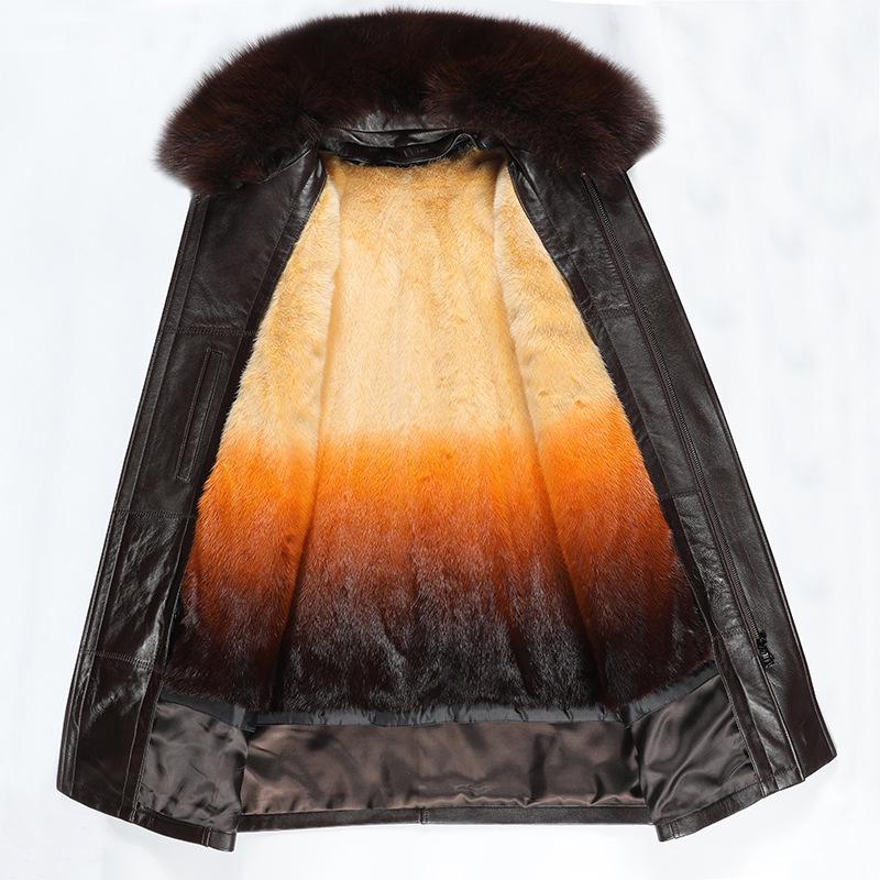 Men's Mid-Length Leather Coat with Fox Fur Collar and Detachable Rabbit Fur Liner – Thick, Warm, Plus Size Jacket for Mid-Aged and Elderly.