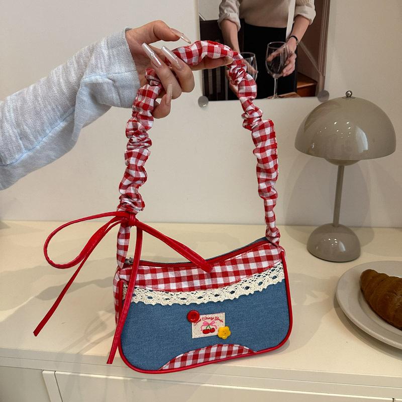 Cute cloth bag women's bag small fresh plaid shoulder handbag niche design underarm bag
