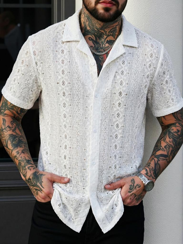 Herren Europäische Größe Jacquard-Strick Lässiges Strand-Kurzarmhemd