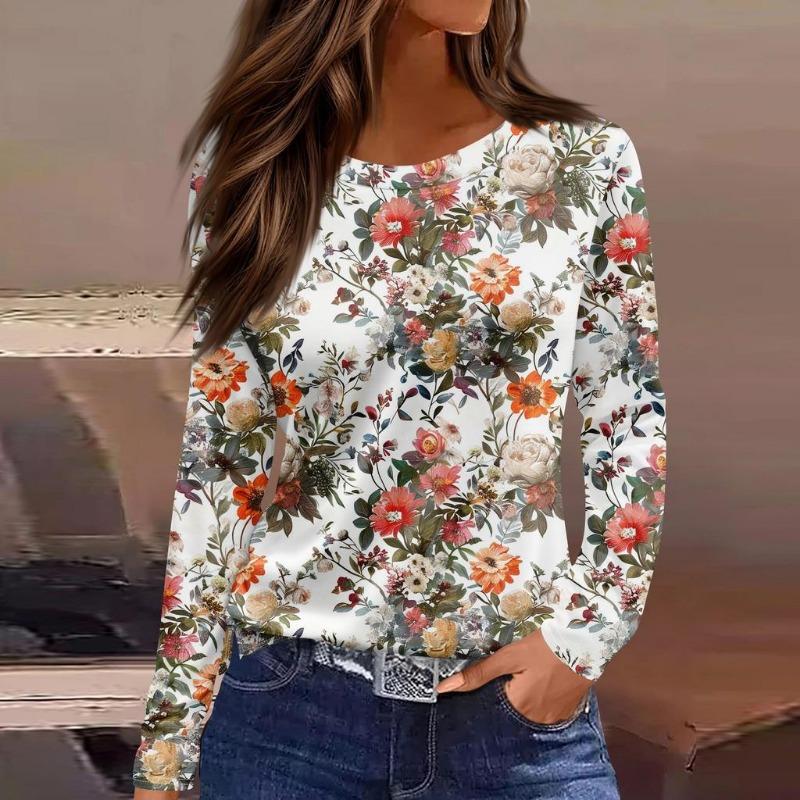 Damen T-Shirt 3D Druck Farbverlauf Blumendruck Mode Langarm Rundhals Regulär Oberteile Feiertags-Wochenende Frühling und Herbst