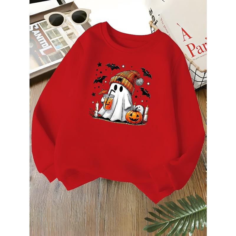 Kids Unisex Crewneck Sweatshirt, Cute Knit Hat Ghost Pumpkin Bat Halloween Print Soft Fleece Long Sleeve Pullover For Boys Girls Over 4 Years Old