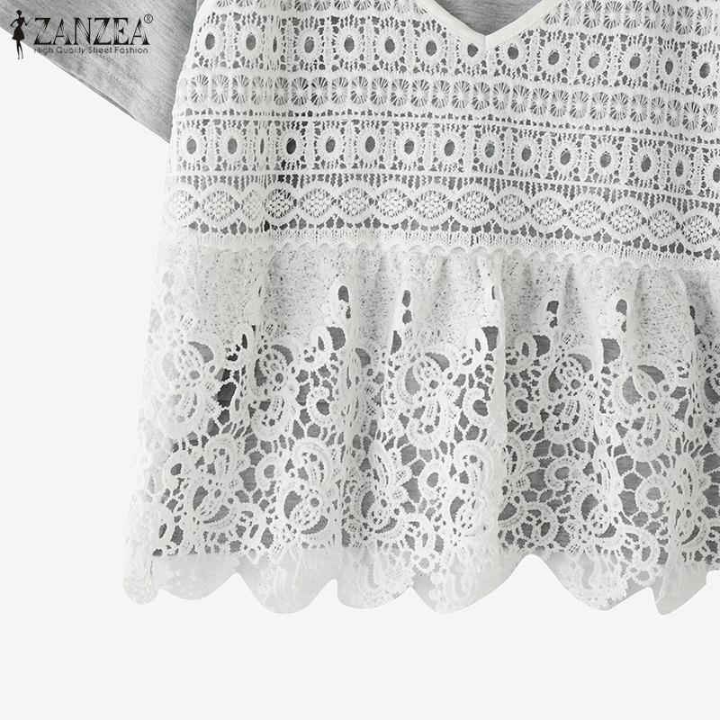 ZANZEA Women Casual Lace Patchwork Fake Two Piece Short Sleeve T-Shirts