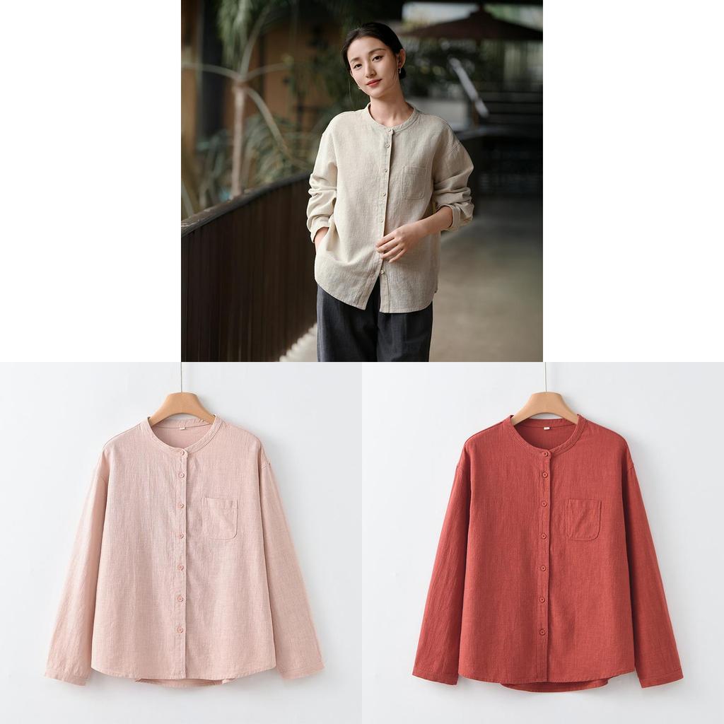 Casual Linen Shirt For Women With Mandarin Collar And Pockets Spring 2026