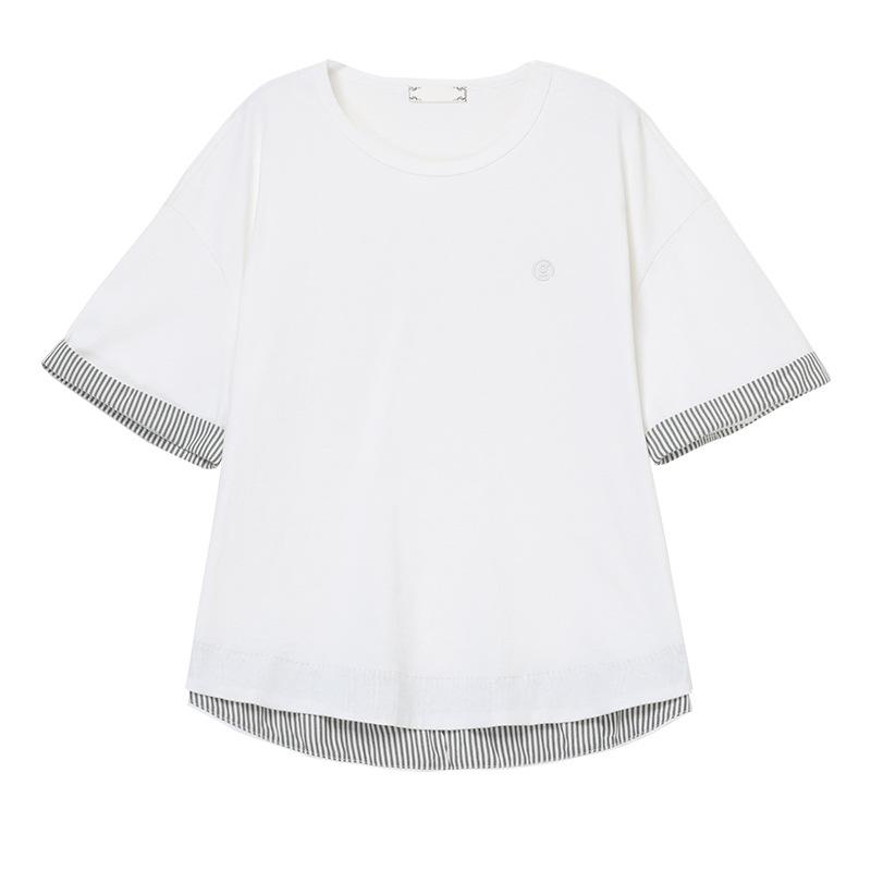 Women's Summer Plus Size Loose Fit All-Cotton Patchwork T-Shirt - Short Sleeve, Color Block, Middle-Aged Style