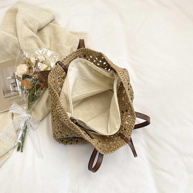 Crochet Hollow Out Straw Tote Bag With Leather Handle Large Capacity Beach Bag Casual Shoulder Purse Vacation Boho Woven Handbag