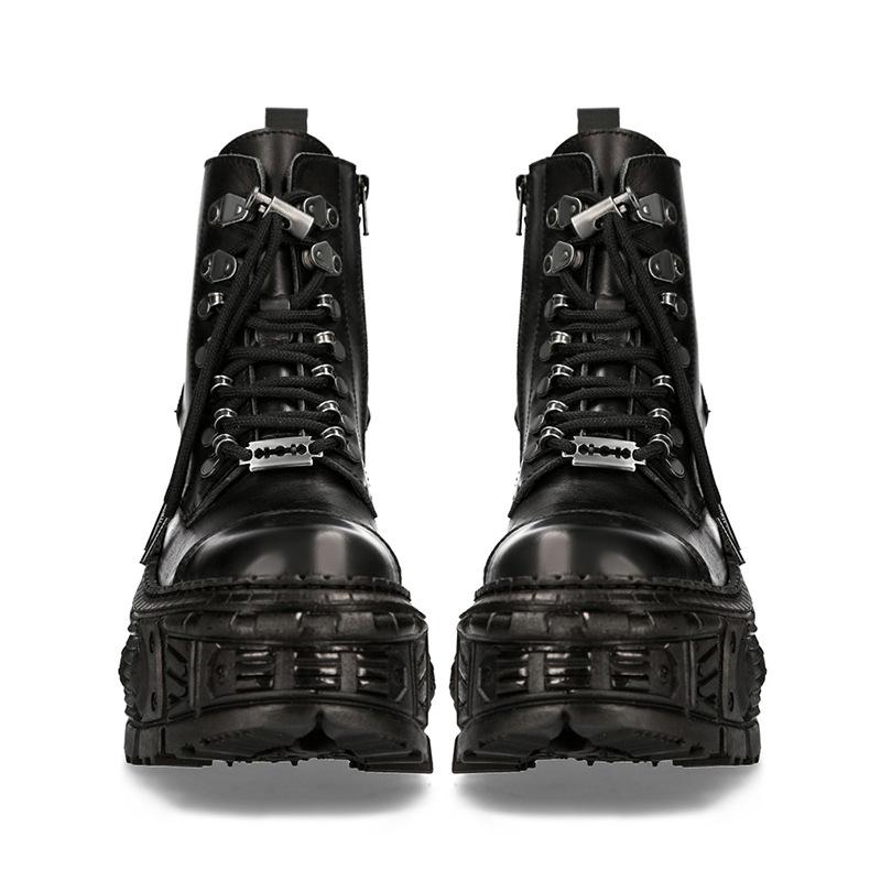 Fashion New Gothic Punk Men's Leather  Motorcycle Platform Rubber Boots Black  Mid-Calf Tactical Combat Boots Fashion 45