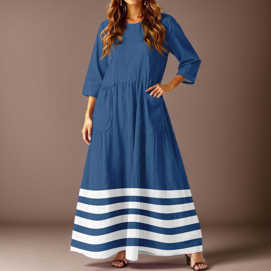 Women's Casual Fashion Striped Printed Three-quarter Sleeve Pocket Long Dress