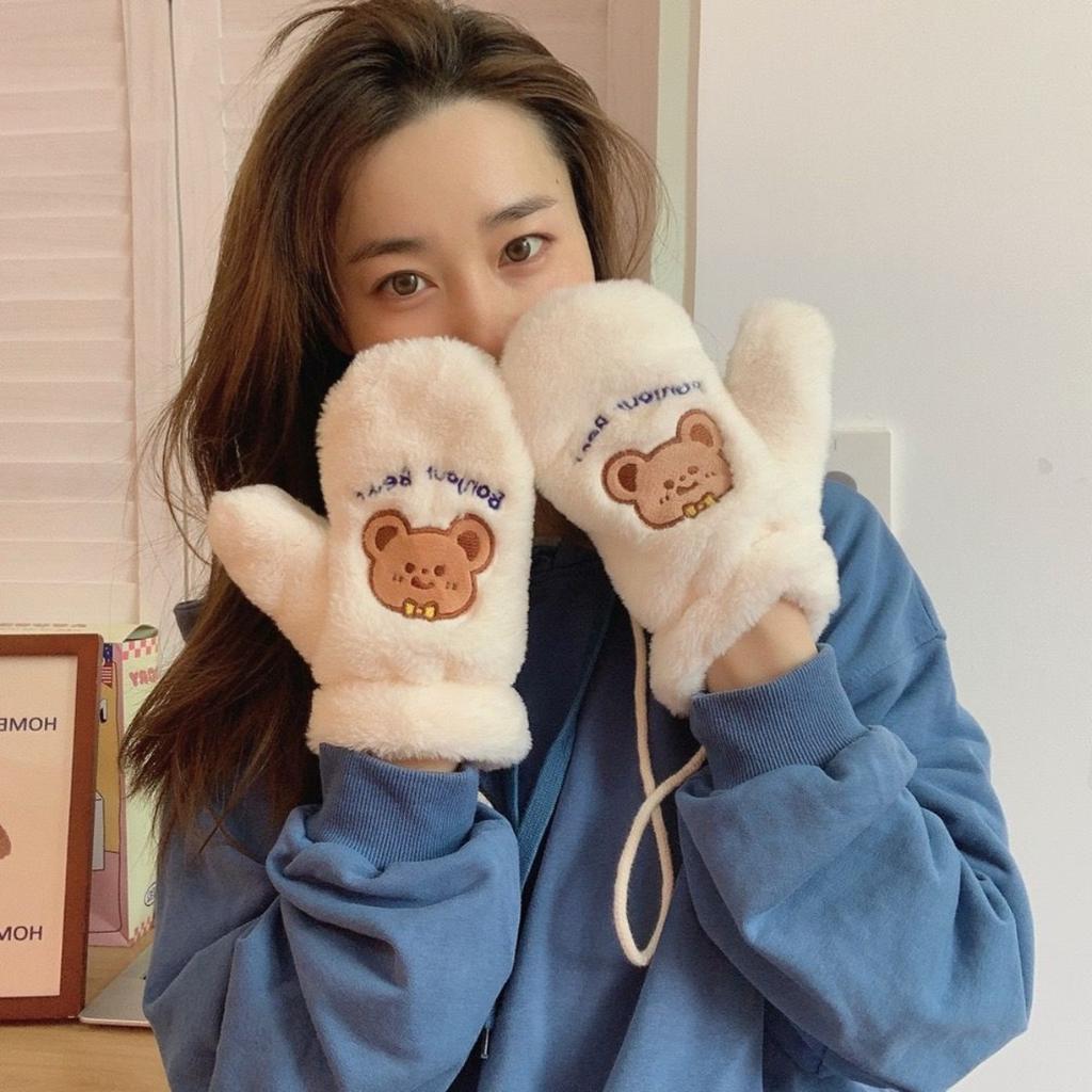College Style Cartoon Gloves with Thick Windproof and Warm Fur for Autumn and Winter, Casual Plush Cute Teddy Bear with Fingers Hanging Around Neck