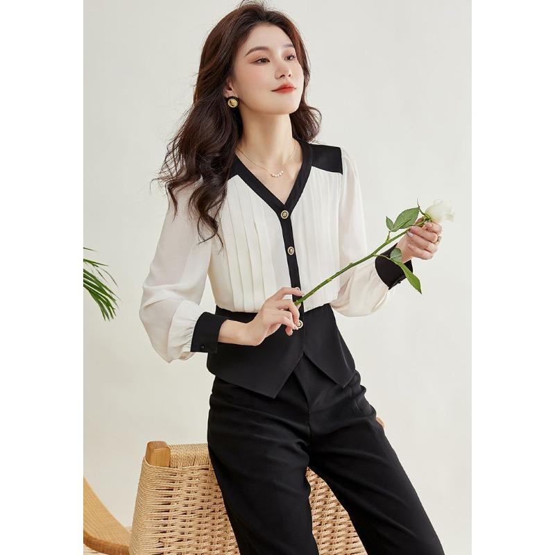 Slimming Waist To Make You Look Fashionable Contrasting Color and Temperament V-neck Chiffon Shirt for Women