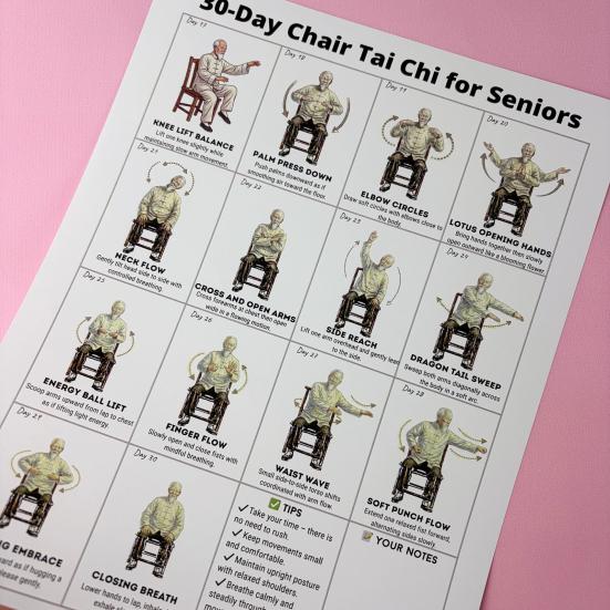 2 Stück Stuhl Tai Chi Trainingsplan 30 Tage Anfänger Senioren Sitzende Übung Poster Leinwand Wandkunst Heim-Fitnessstudio Wohnzimmer Dekoration