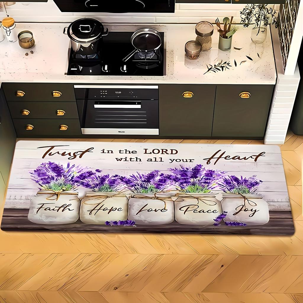 1Pcs Love Is Love Lavender Pattern Floor Mat Modern Kitchen Polyester Rug Non-Slip Colorful Indoor Carpet, For Home Bathroom Bedroom Living Room Decor