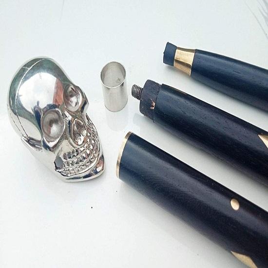 Messing Gehstock Einzigartiger Knauf Schädelkopf Gehstock Spazierstock Viktorianischer Holzstock, Schwarz und Silber