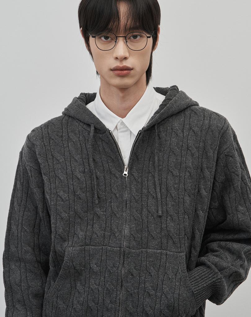 Work On Body Off Intre Semi-Overfit Cable Knitted Zip-Up Hoodie [Charcoal]