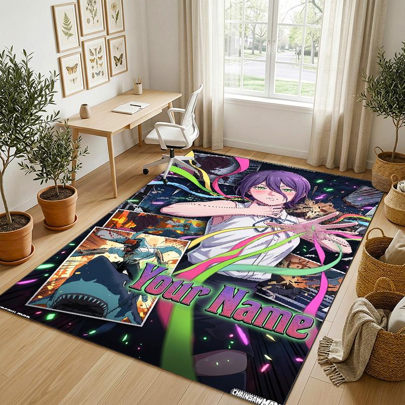 Personalized Crystal Velvet Carpet,Chainsaw Man Custom Printed Name, Plush Area Rug For Home Indoor Decor