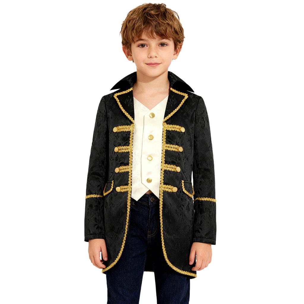 Traje Medieval Vitoriano para Meninos Manga Longa Acabamento Dourado Jaqueta Falsa de Duas Peças Casaco Steampunk Gótico