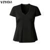 VONDA Women Casual V Neck Short Sleeve Ruffled Soild Color Blouse