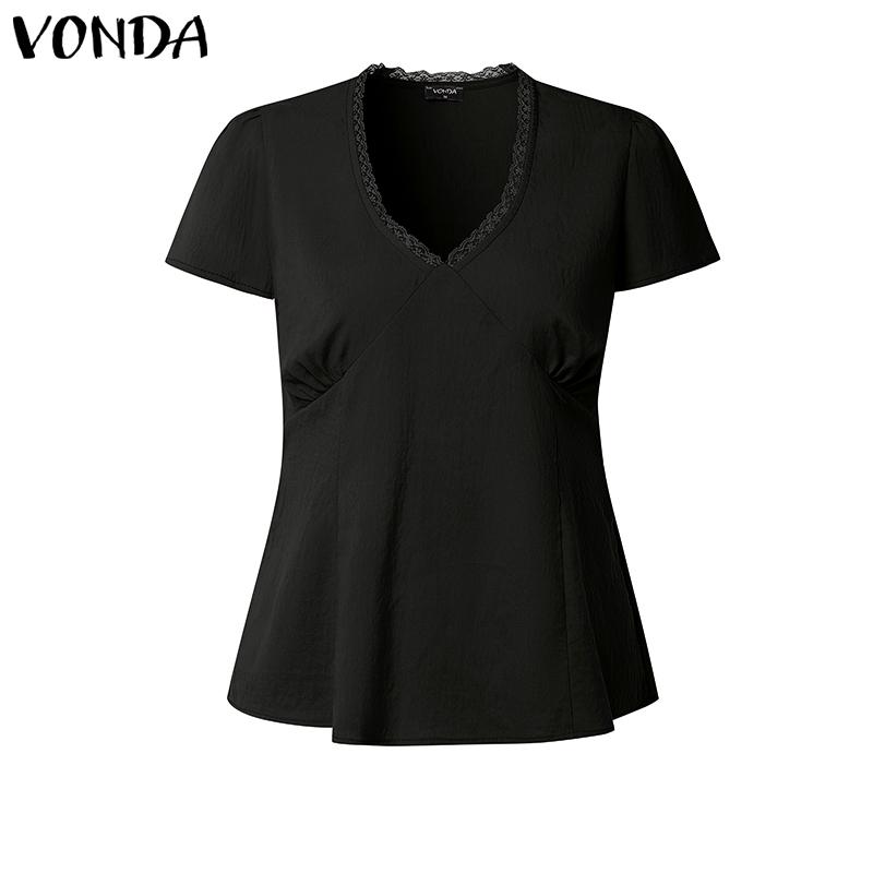 VONDA Women Casual V Neck Short Sleeve Ruffled Soild Color Blouse