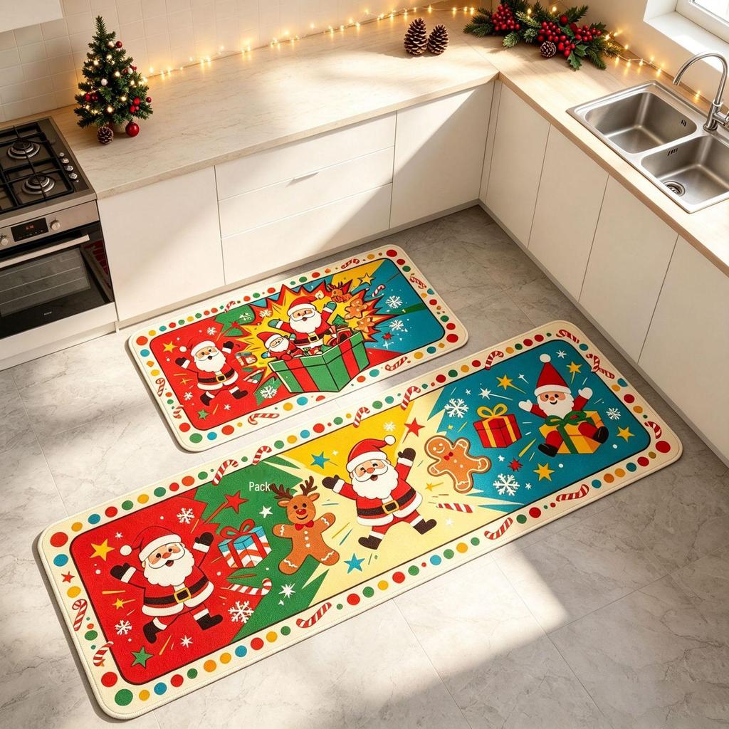 Christmas Atmosphere Long Floor Mat Set - Water Absorbent, Wear-Resistant Home Kitchen Decor