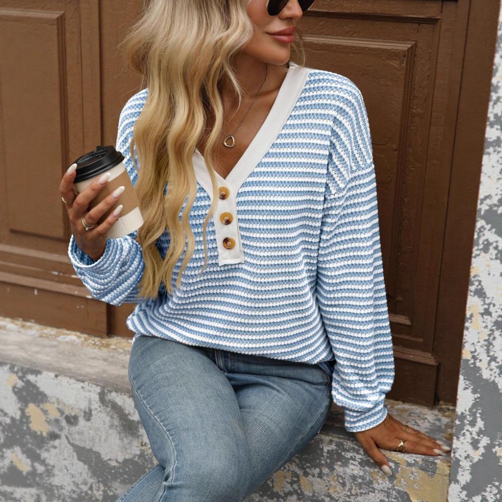 Women's V Neck Long Sleeve Loose Fit Casual Striped Knit Top Blouse for Daily Wear