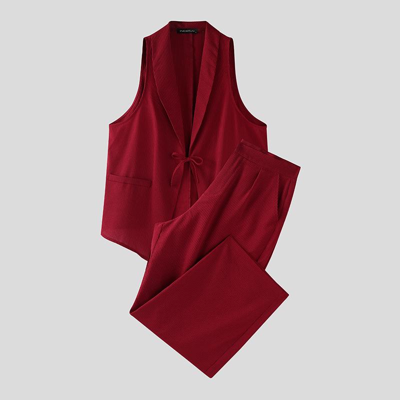 INCERUN Two Pieces Men Striped Sleeveless Vest and Zip-up Long Suit Pants Sets