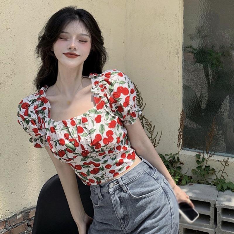 Top Corto a Vita Alta da Ragazza Senso del Design di Nicchia Estivo Manica a Sbuffo Scollo Quadrato Camicia Floreale