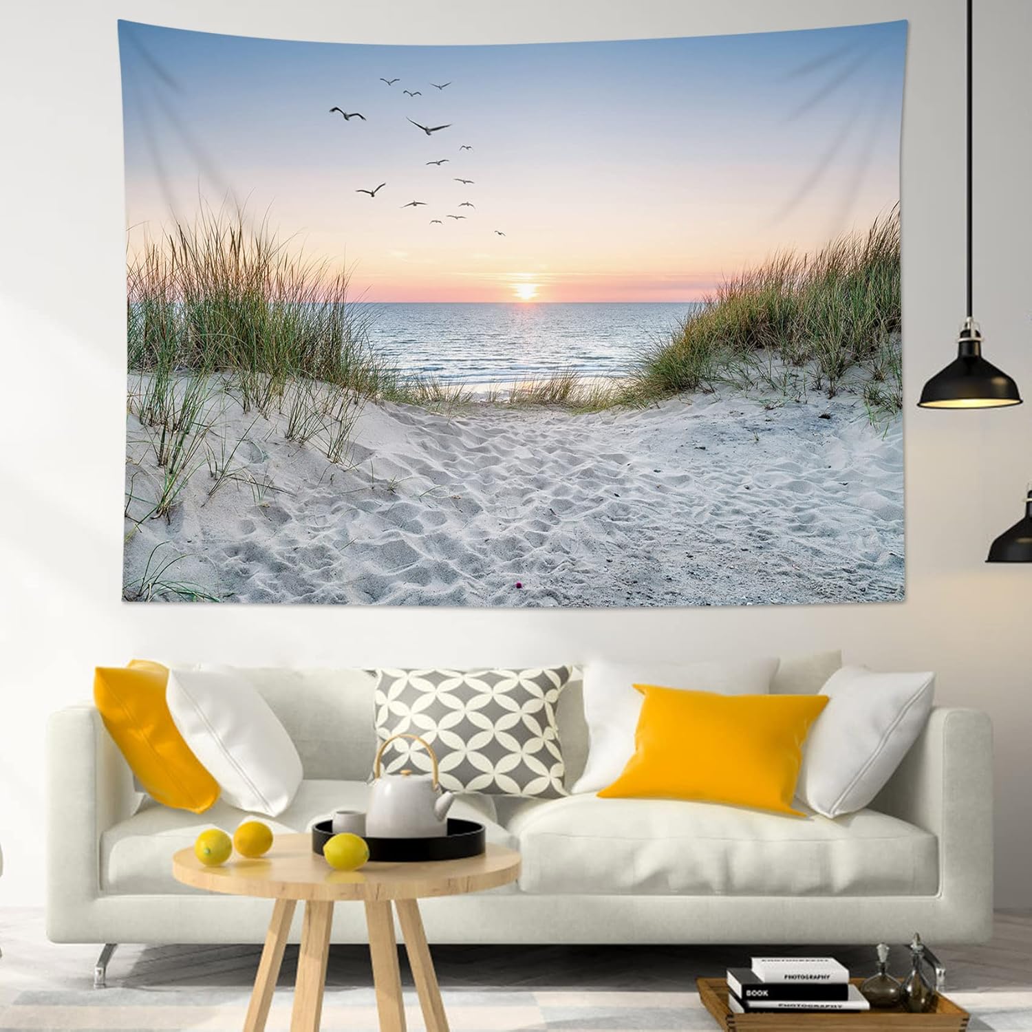 Ozean Strand Wandteppich, Sonnenuntergang Seevogel und Strand mit Gras Wandteppich Naturlandschaft Wandteppiche für Bett 70x100cm28x39in