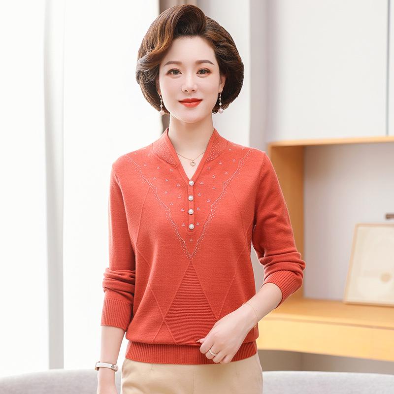 2023 Autumn/Winter New Arrival: V-Neck Knitted Sweater for Middle-Aged & Elderly Women - Fashionable, Long Sleeve, Plus Size, Loose Fit Mother's Wear