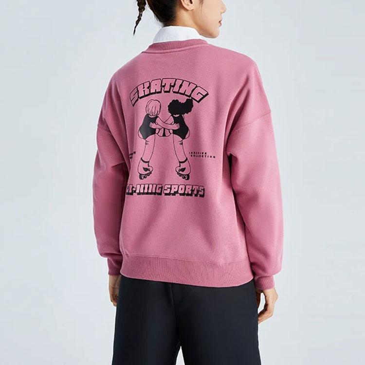 Li Ning Sports Trend Series Fun Print Fleece Warm Loose Pullover Sweatshirt Women sweatshirt Blackcurrant AWDR700-2